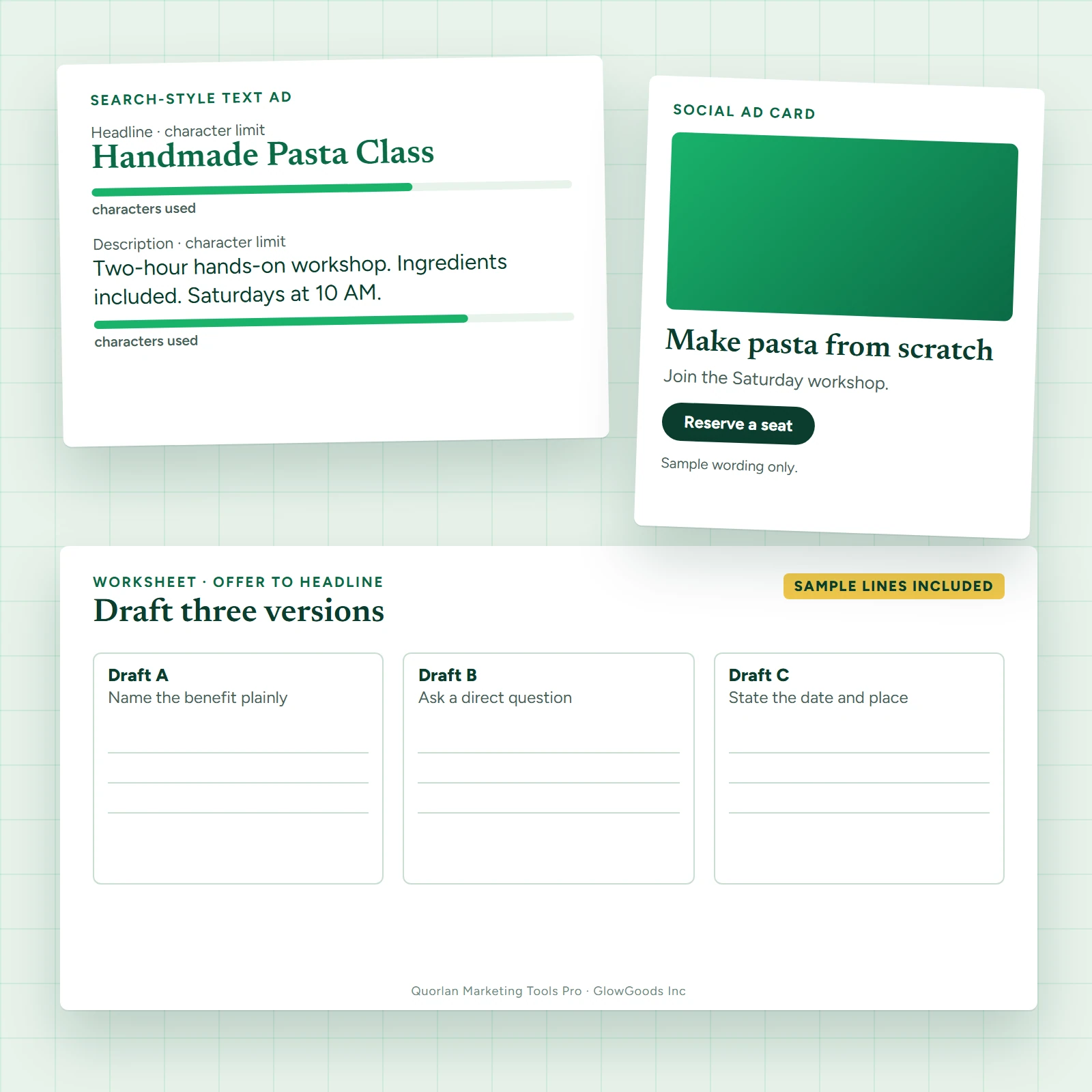 Ad copy worksheet kit with headline drafting boxes and character counters
