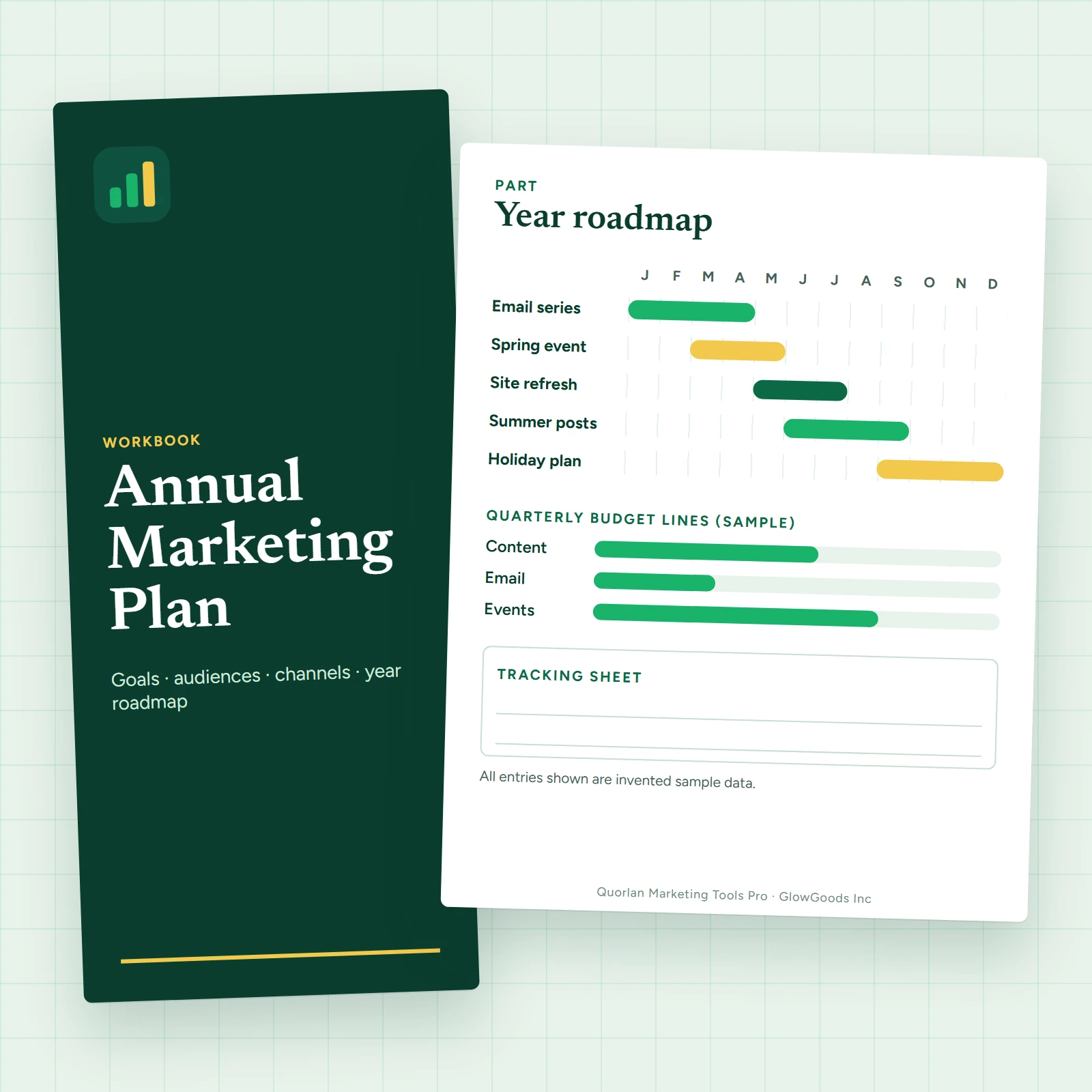 Annual marketing plan workbook spread with a year-long roadmap and quarterly budget bars