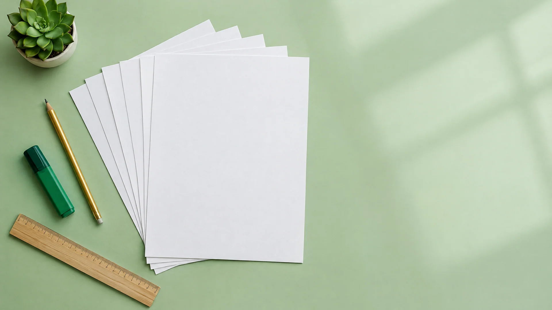 Fanned blank pages with a pencil, highlighter and succulent on pale green