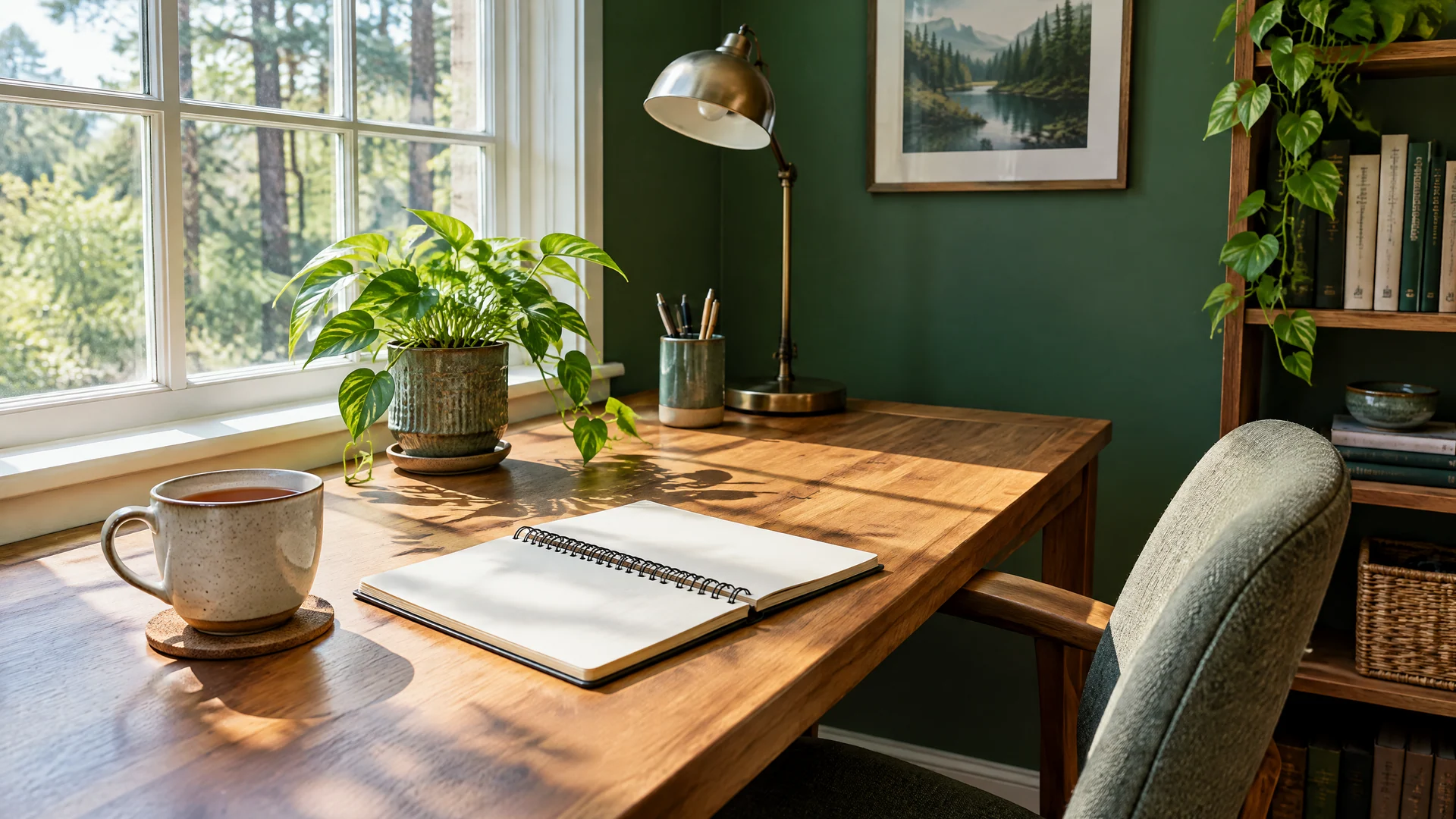 Sunlit home office desk with a notebook, tea and a plant