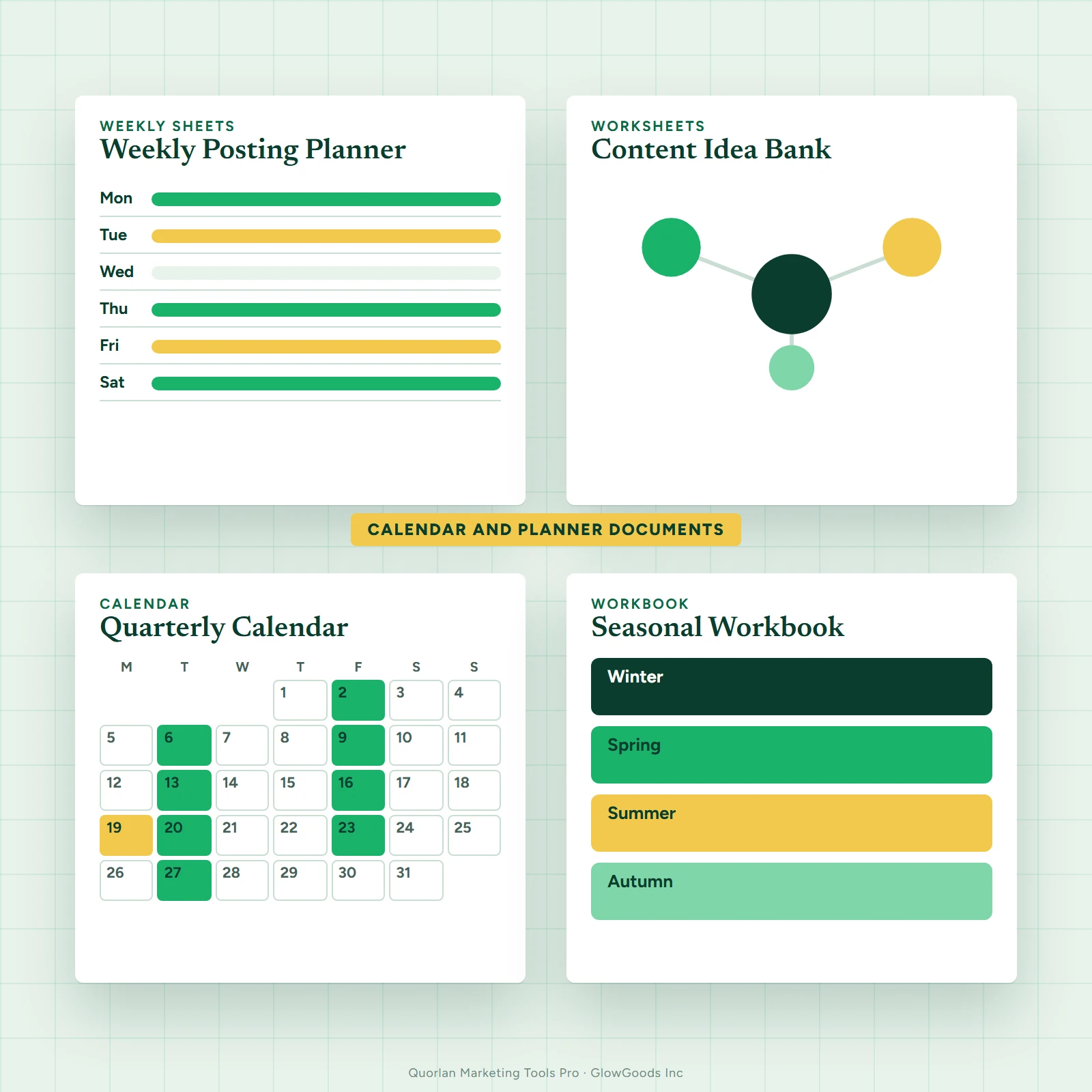 Library of content calendar documents shown as stacked calendar pages