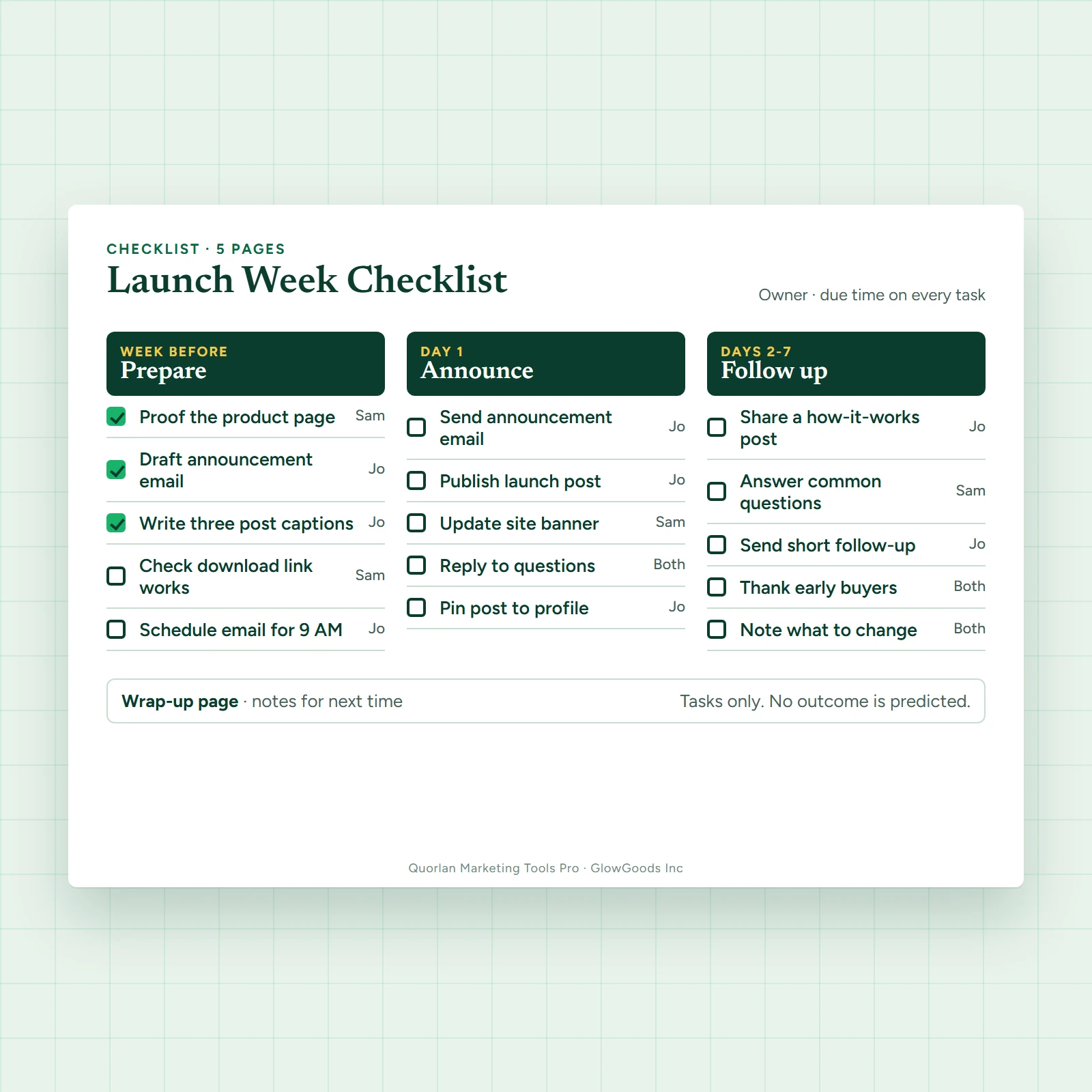 Launch week checklist with prepare, announce and follow-up columns of tick-box tasks