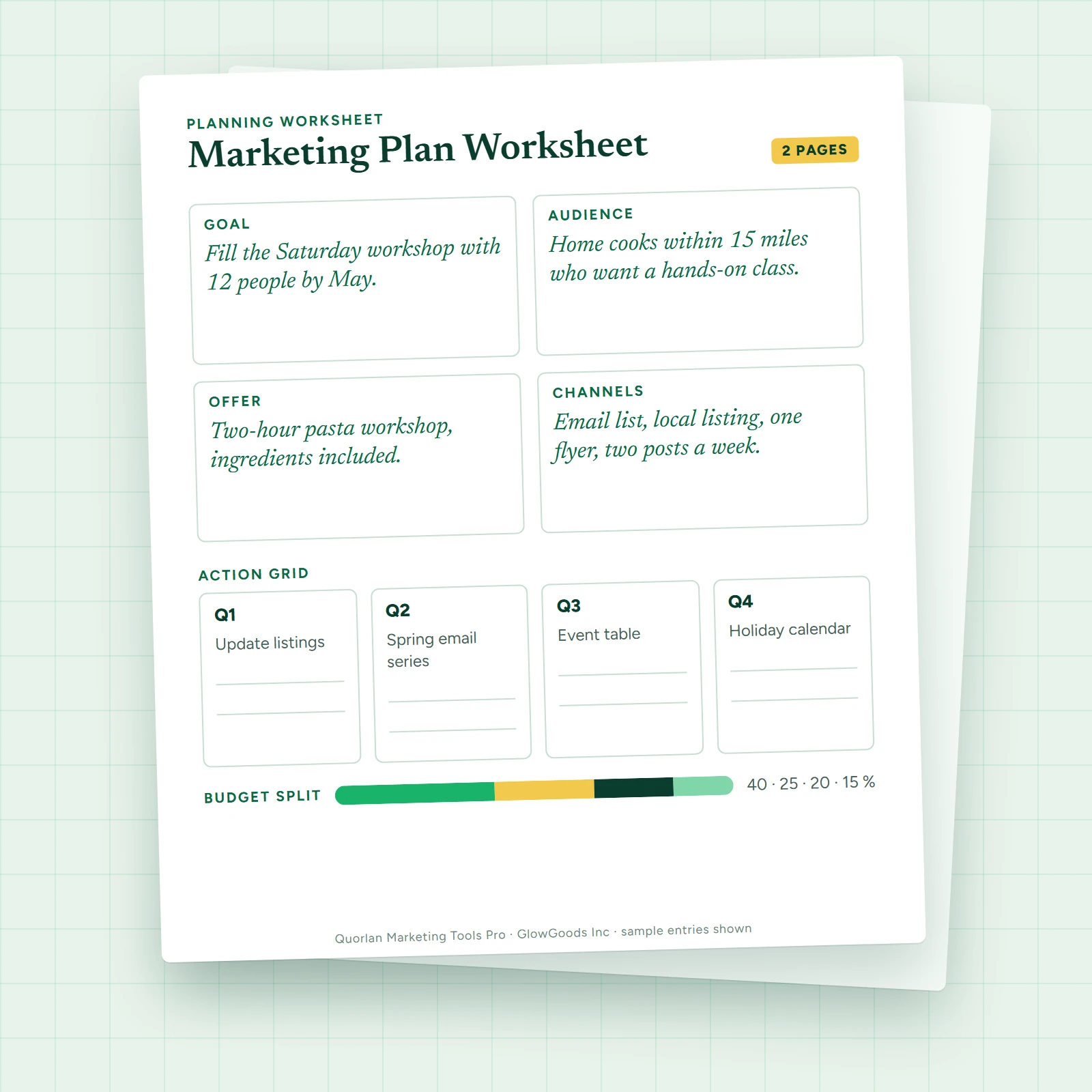 Marketing plan worksheet with goal, audience and channel boxes beside a quarterly action grid