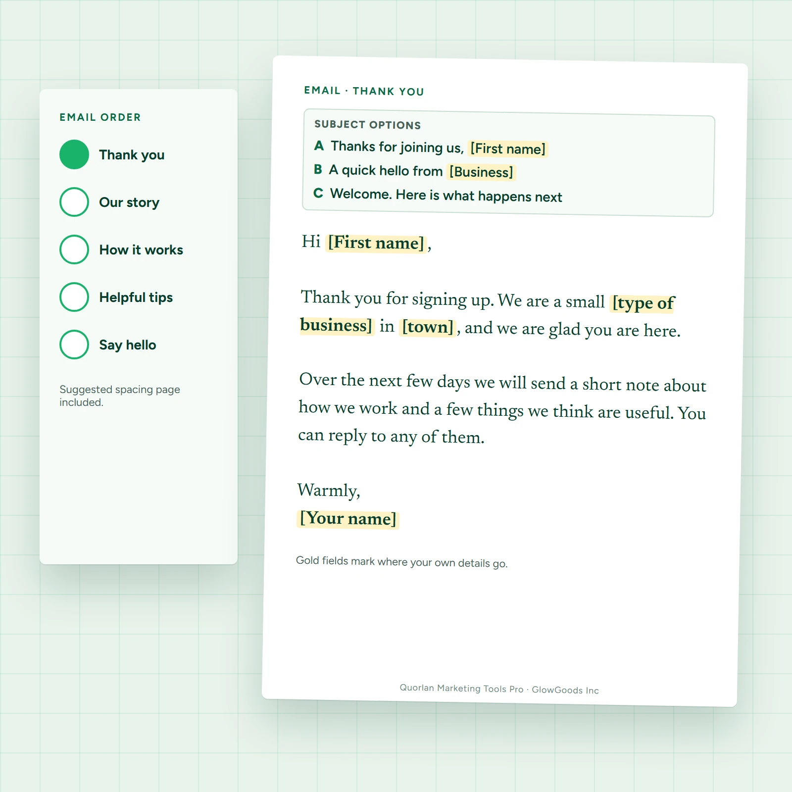 Welcome email sequence kit showing an email draft layout with a subject line list